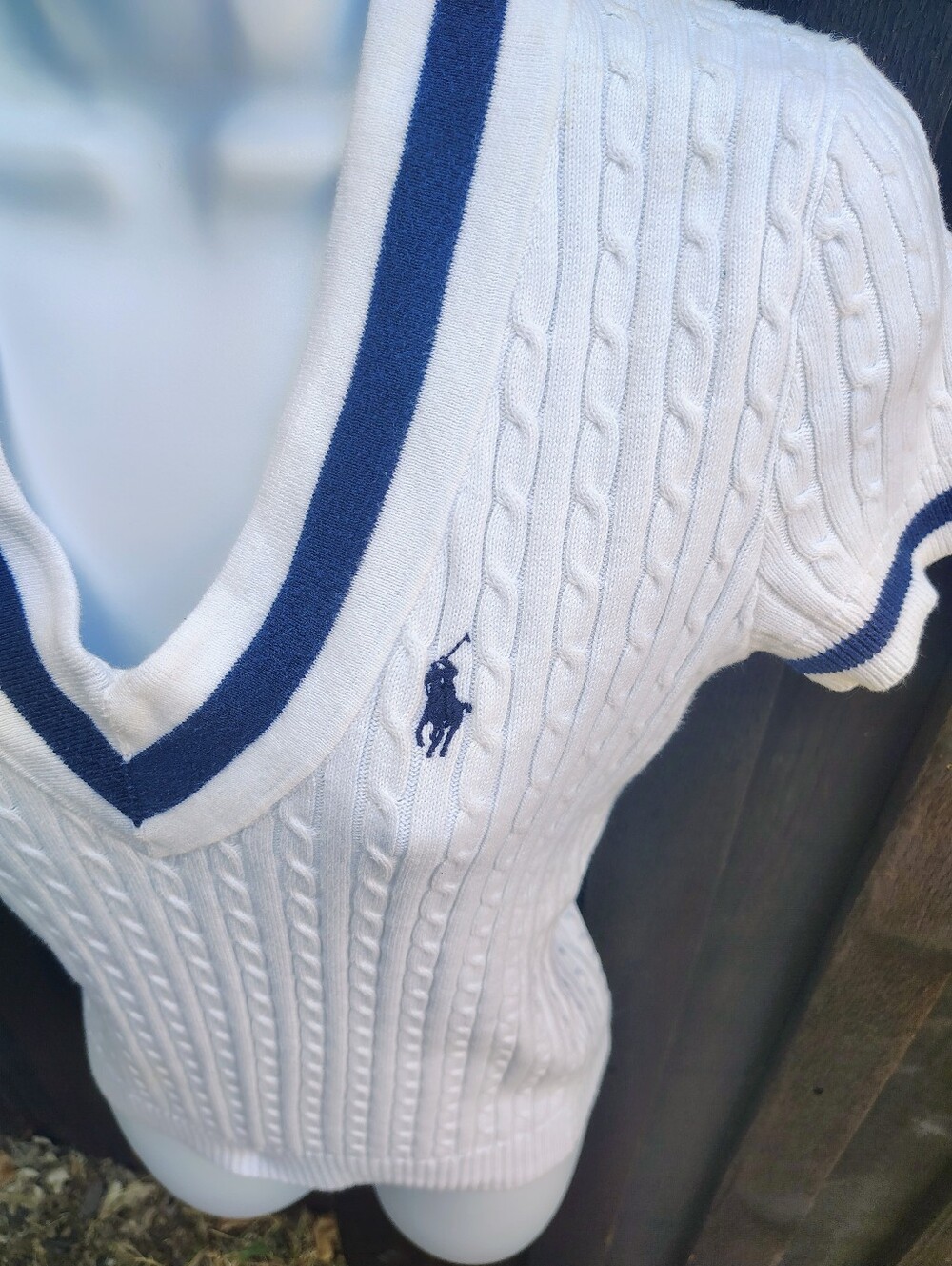 Ralph Lauren White Cable Knit V-Neck Sweater with Navy Accents